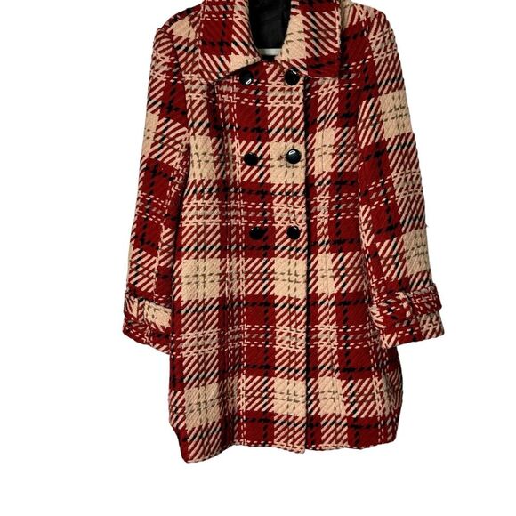 Pura Vida Coat Womens Size 10 Red Plaid Peacoat‎ Wool Blend Fully Lined - Picture 1 of 12